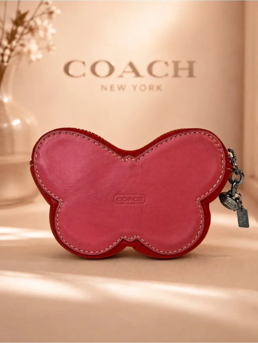 Coach Poppy Coin Purse Charm Leather Zip Butterfly Graffiti - Picture 2 of 2